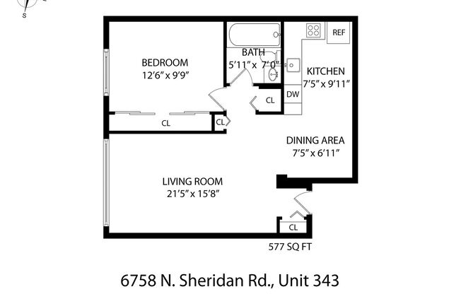 1 bed, 1 bath, 577 sqft, $1,800, Unit 343