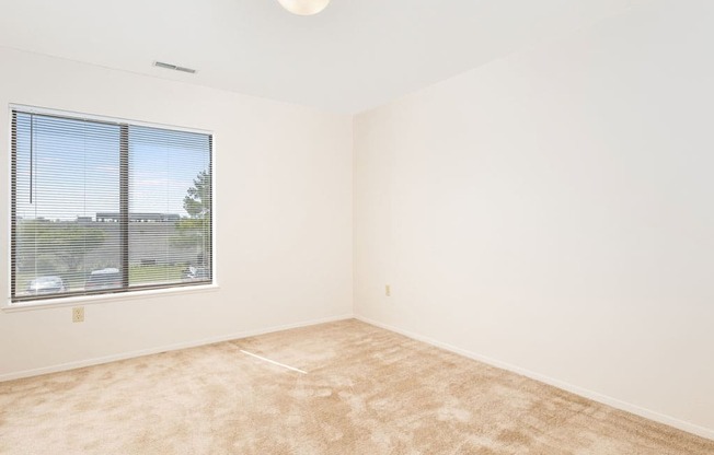 a bedroom with a large window and beige carpet