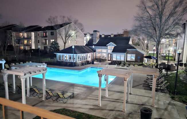 a night view of a swimming pool at night