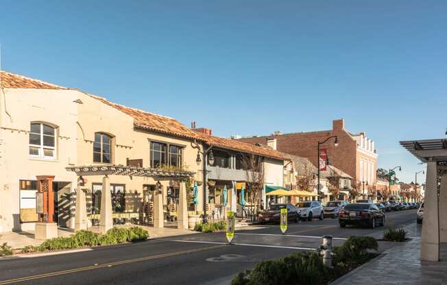 Street with Pedestrian Walkway and Stores at Bayswater Apartments, Burlingame