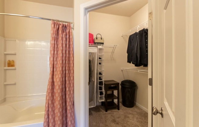 This is a photo of the primary bedroom walk-in closet  in the 2 bedroom, 2 bath Islander floor plan at Nantucket Apartments in Loveland, OH.