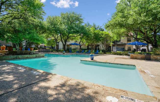 A pool surrounded by trees and poolside seating at La Costa in Plano, TX