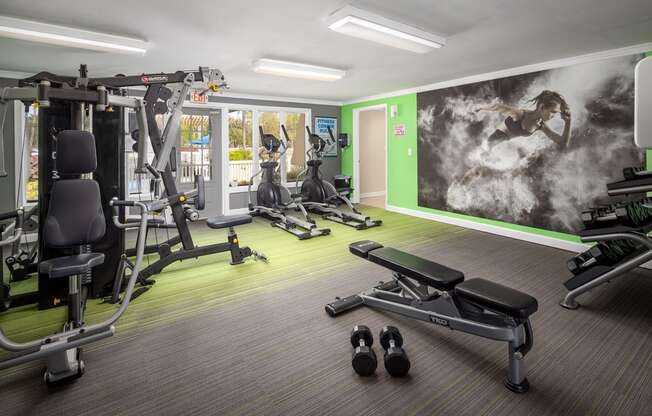 a large fitness room with exercise equipment and a large mural on the wall