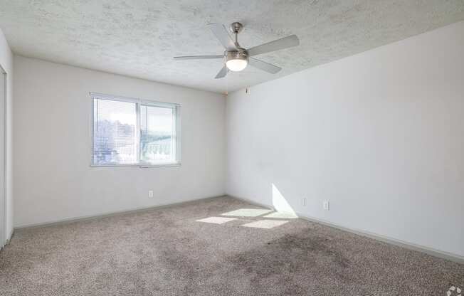A room with a ceiling fan and carpeted floor.