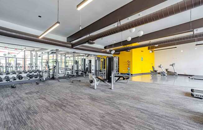 A gym with a variety of equipment including treadmills, weights, and exercise machines.