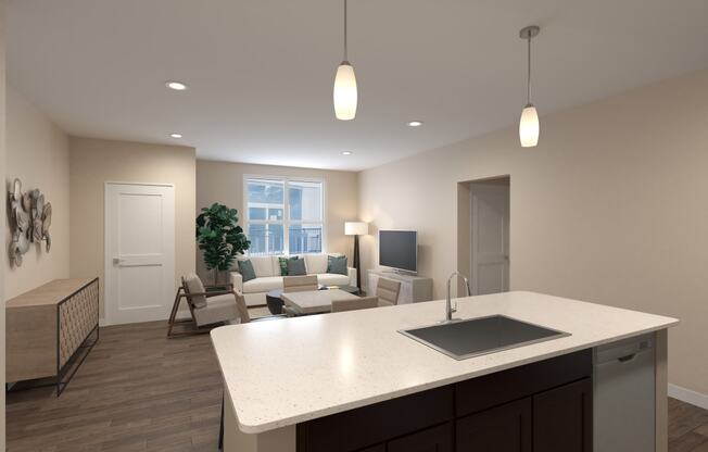 an open kitchen and living room with a white counter top at Tiffany Flats, Columbus, OH, 43231