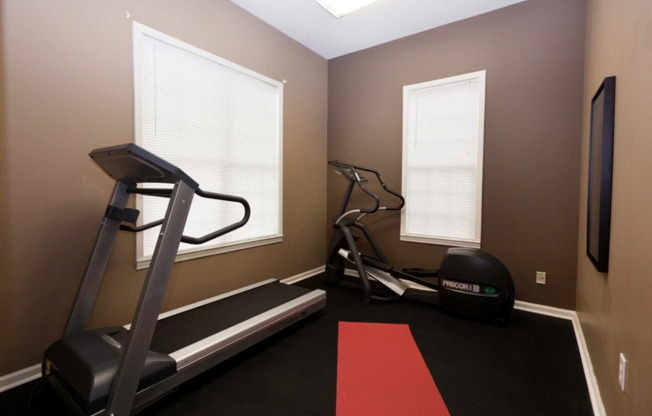 a home gym with a treadmill and exercise balls