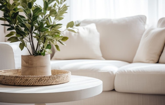 a living room with a potted plant on a table