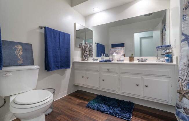 a bathroom with a toilet and a large mirror at Park Avenue Apartments, Long Beach, California