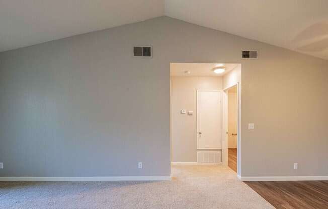 A room with a white door and a carpet on the floor.