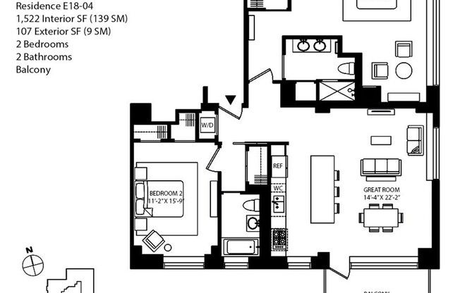 2 beds, 2 baths, 1,522 sqft, $13,400, Unit E1804