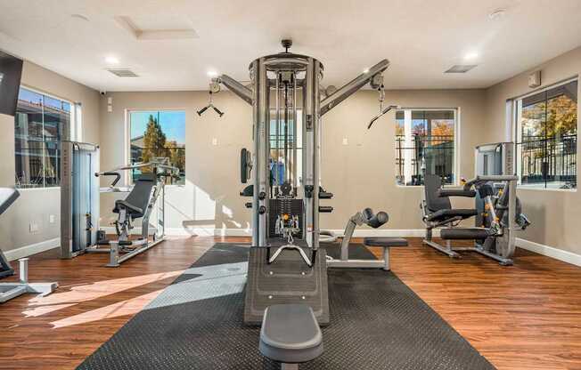 A well-equipped home gym with a variety of exercise machines.