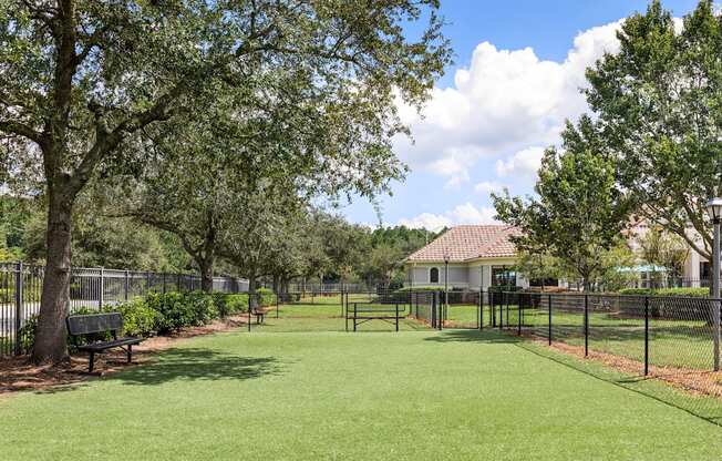 A park with a bench and a fence.