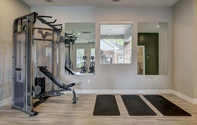 a home gym with a treadmill and rugs on the floor