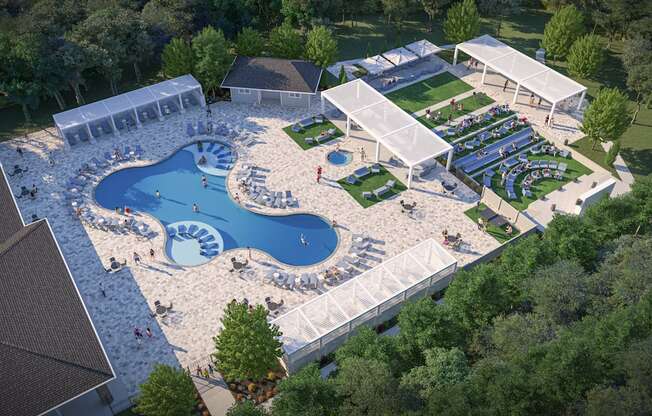 an aerial view of a resort pool with a poolside party area and a resort