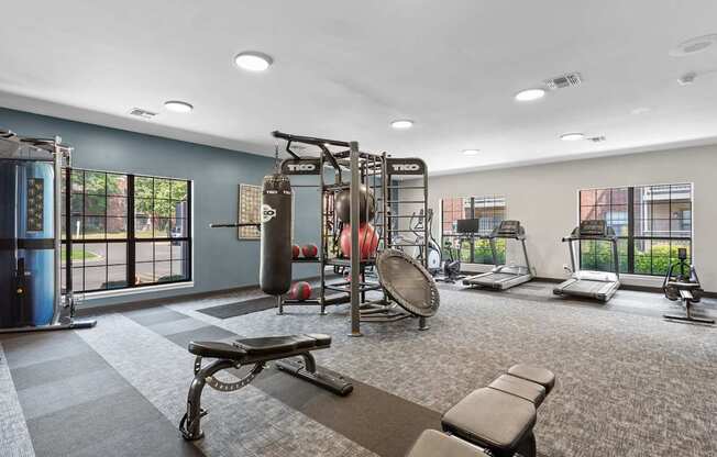 A gym with a variety of equipment including a bench, weights, and a treadmill.