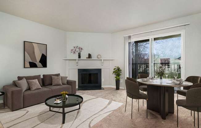 a living room with a couch and a table and a fireplace