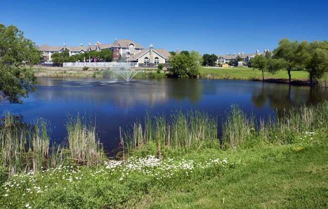 a pond with grass and flowers in front of a house