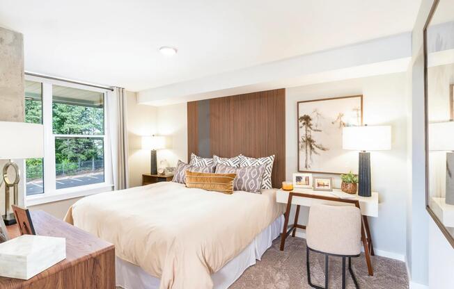 Soft carpet underfoot in your dreamy modern bedroom.