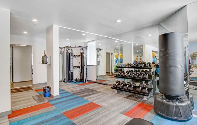 the home has a gym with weights and cardio equipment. at The Kenmore Los Feliz, Los Angeles, 90027-4063