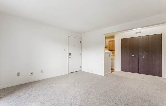 A room with a white door and a brown wardrobe