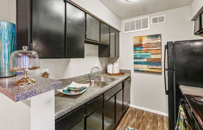 a kitchen with black cabinets and a granite counter top