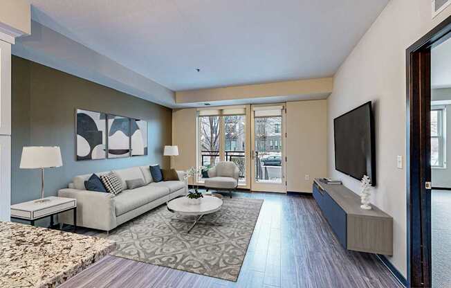 A living room with a couch, a coffee table, and a television.