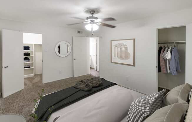 This is a photo of the bedroom in the 640 square foot 1 bedroom apartment at The Summit at Midtown Apartments in Dallas, TX.