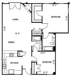 2 beds, 2 baths, 1,257 sqft, $1,486