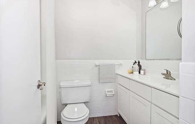 Model bathroom with a toilet, sink, and mirror at Stone Ends apartments in Stoughton, MA
