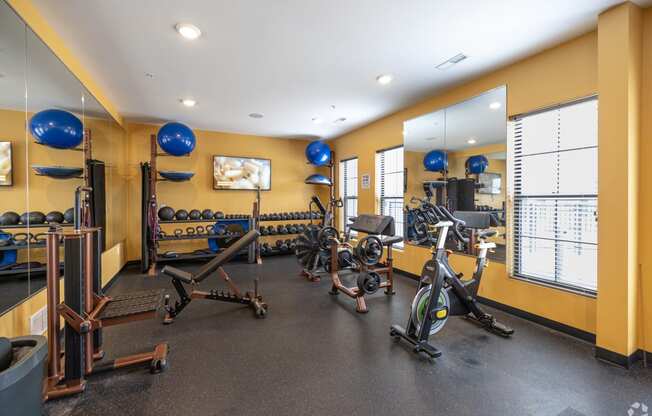 a gym with exercise equipment and mirrors on the wall