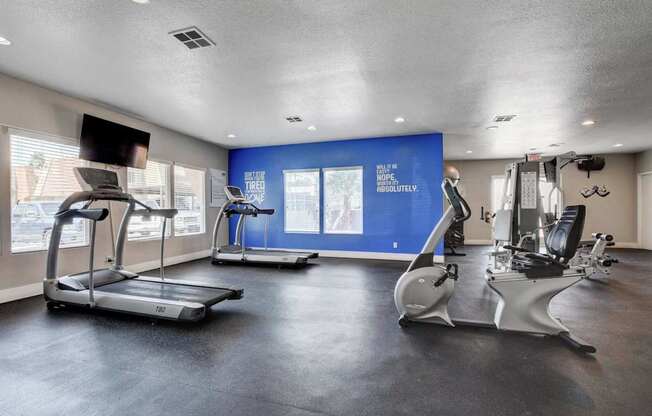 A gym with treadmills and elliptical machines.