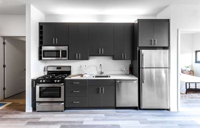 a renovated kitchen with black cabinets and stainless steel appliances