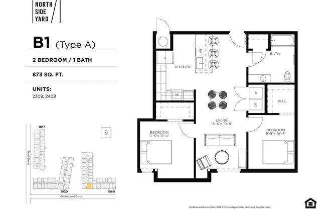 2 beds, 1 bath, 873 sqft, $1,595, Unit 2209