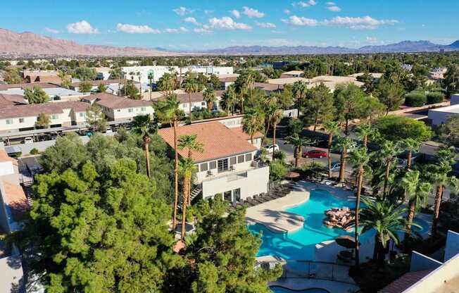 A pool surrounded by palm trees and a mountain range in the background.