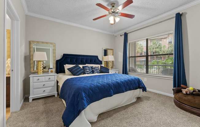 A bedroom with a blue bedspread and a ceiling fan.