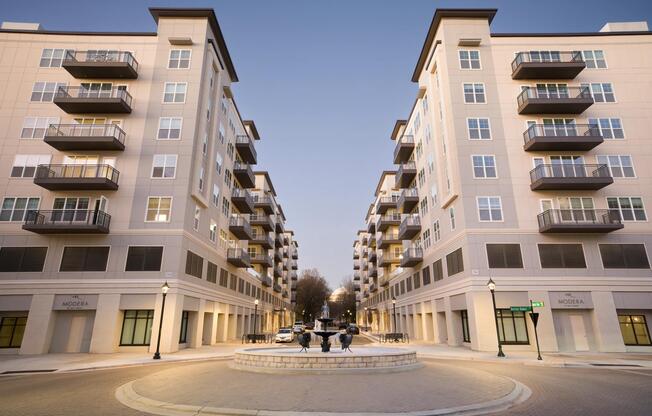 A welcoming streetscape frames the entrance to Modera Liberty Row, in the heart of Southpark.