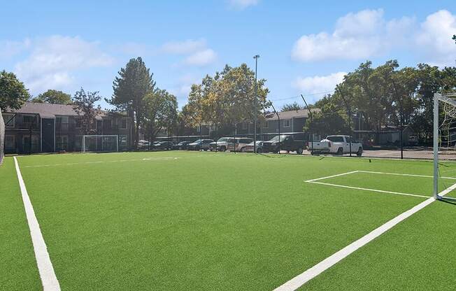 Community Soccer Field with Nets at Overlook Apartments located in Salt Lake City, UT.