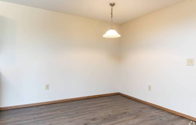 A room with a wooden floor and a hanging light fixture.