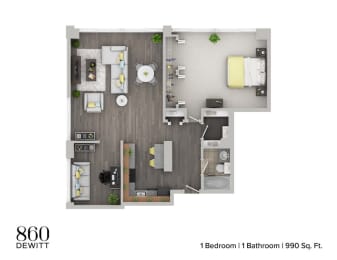 1 bed, 1 bath, 990 sqft, $2,492