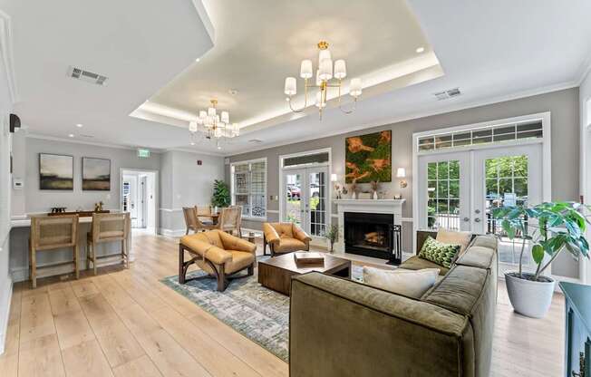 A living room with a fireplace and a couch.