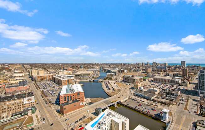 a view of the city from the top of a building