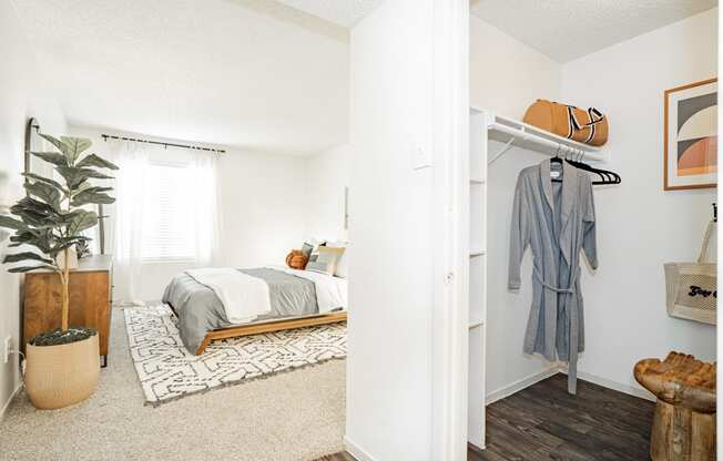 a bedroom with a bed and a closet with a robe hanging on the wall