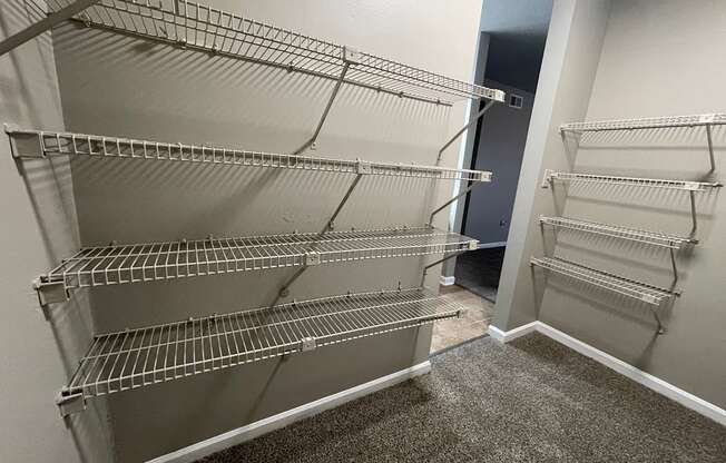 Empty shelves in a storage room.