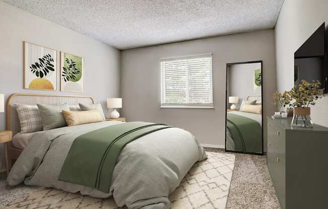 Guest bedroom with soft lighting and cozy layout in Aurora CO rental apartment.