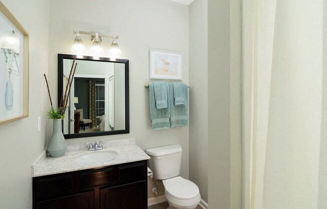 A bathroom with a toilet, sink, mirror, and a vase on the counter.