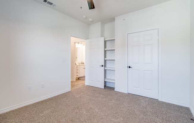 a bedroom with two closets and a door to a bathroom