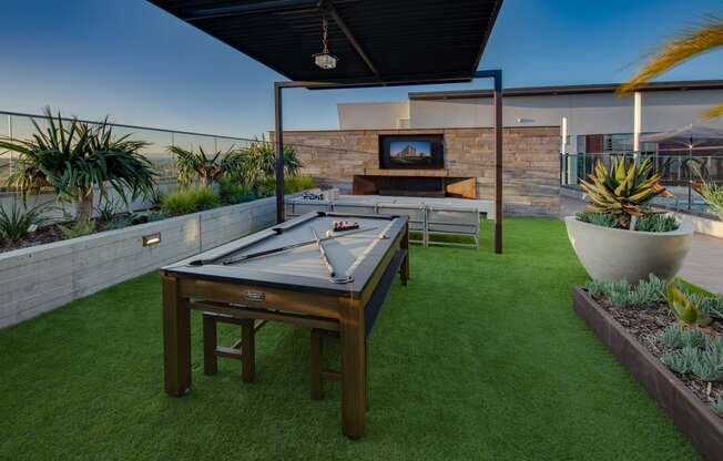 a pool table on a grassy area with a tv in the background