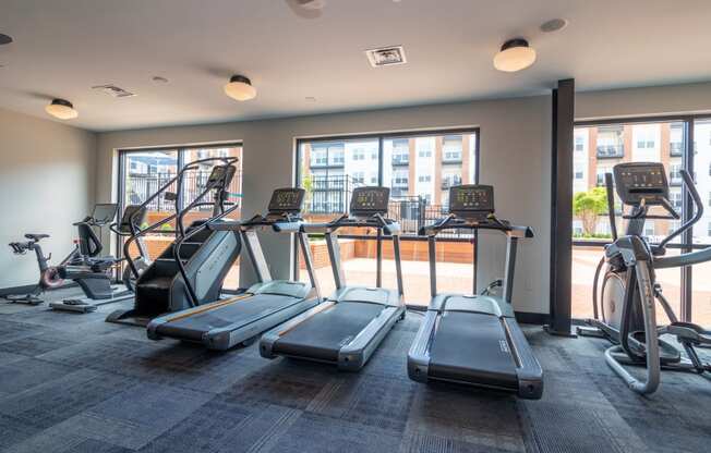 Treadmills in the Fitness Center face Penstock Quarter’s bright interior courtyard.