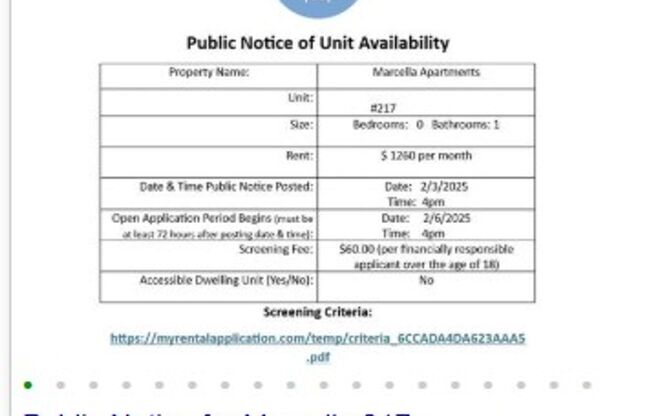 Studio, 1 bath, 525 sqft, $1,260, Unit 217